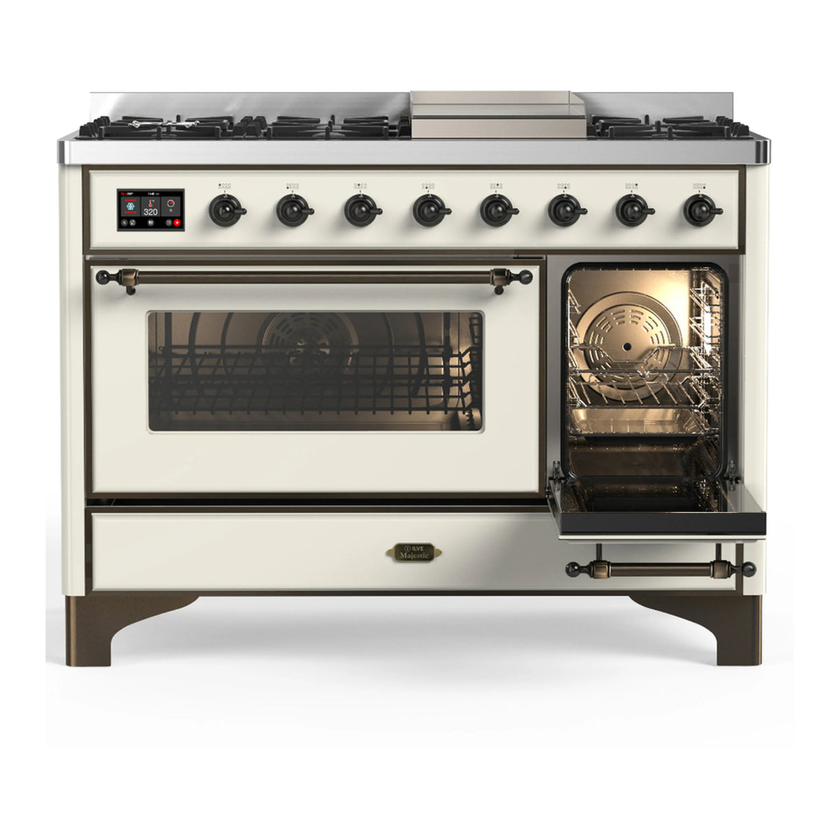 Antique white dual fuel range with wide glass oven window and open broiler door