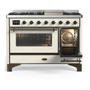 ILVE Majestic III 48-inch Dual Fuel Range with 5 Natural Gas Burner, Griddle and Triple Glass Door Electric Oven in Antique White with Burnished Trim (UM48FNR3AWB)
