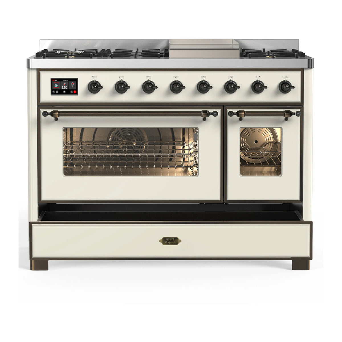 Antique white dual fuel range with oven glass door and right-side window open