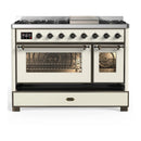 ILVE Majestic III 48-inch Dual Fuel Range with 5 Natural Gas Burner, Griddle and Triple Glass Door Electric Oven in Antique White with Burnished Trim (UM48FNR3AWB)