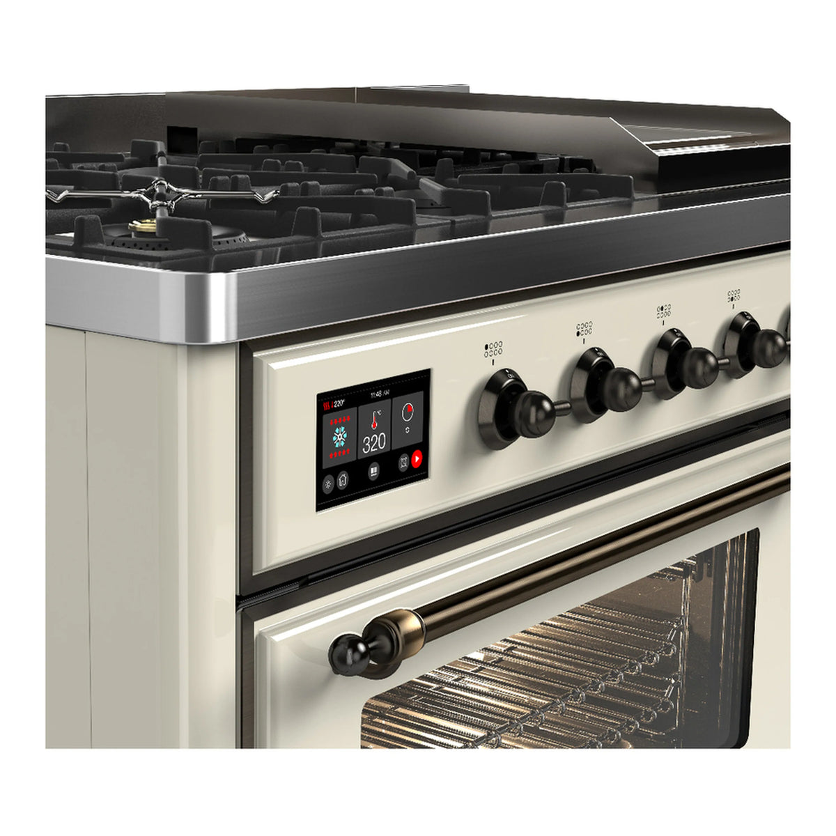 Close-up of dual fuel range control panel and interior oven rack