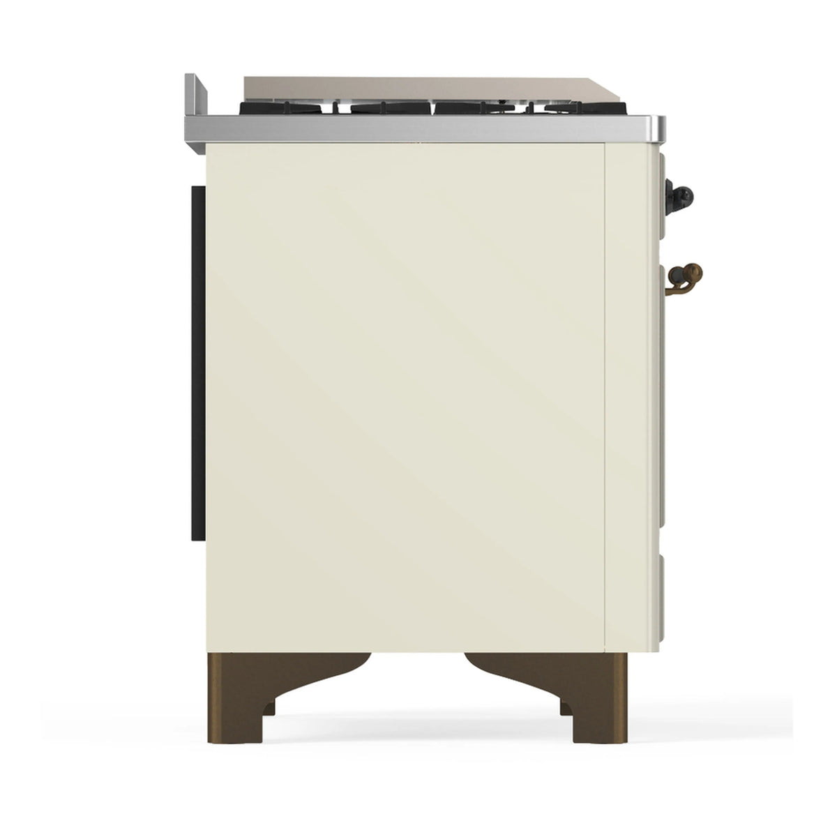 Side view of antique white dual fuel range with control knobs and burner grates