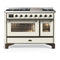 ILVE Majestic III 48-inch Dual Fuel Range with 5 Natural Gas Burner, Griddle and Triple Glass Door Electric Oven in Antique White with Burnished Trim (UM48FNR3AWB)