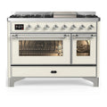 ILVE Majestic III 48-inch Dual Fuel Range with 5 Natural Gas Burner, Griddle and Triple Glass Door Electric Oven in Antique White with Chrome Trim (UM48FNR3AWC)
