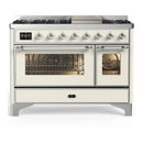 ILVE Majestic III 48-inch Dual Fuel Range with 5 Natural Gas Burner, Griddle and Triple Glass Door Electric Oven in Antique White with Chrome Trim (UM48FNR3AWC)