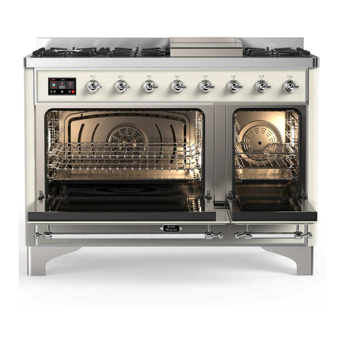 Antique white range with open oven doors, triple glass, chrome trim and burner area