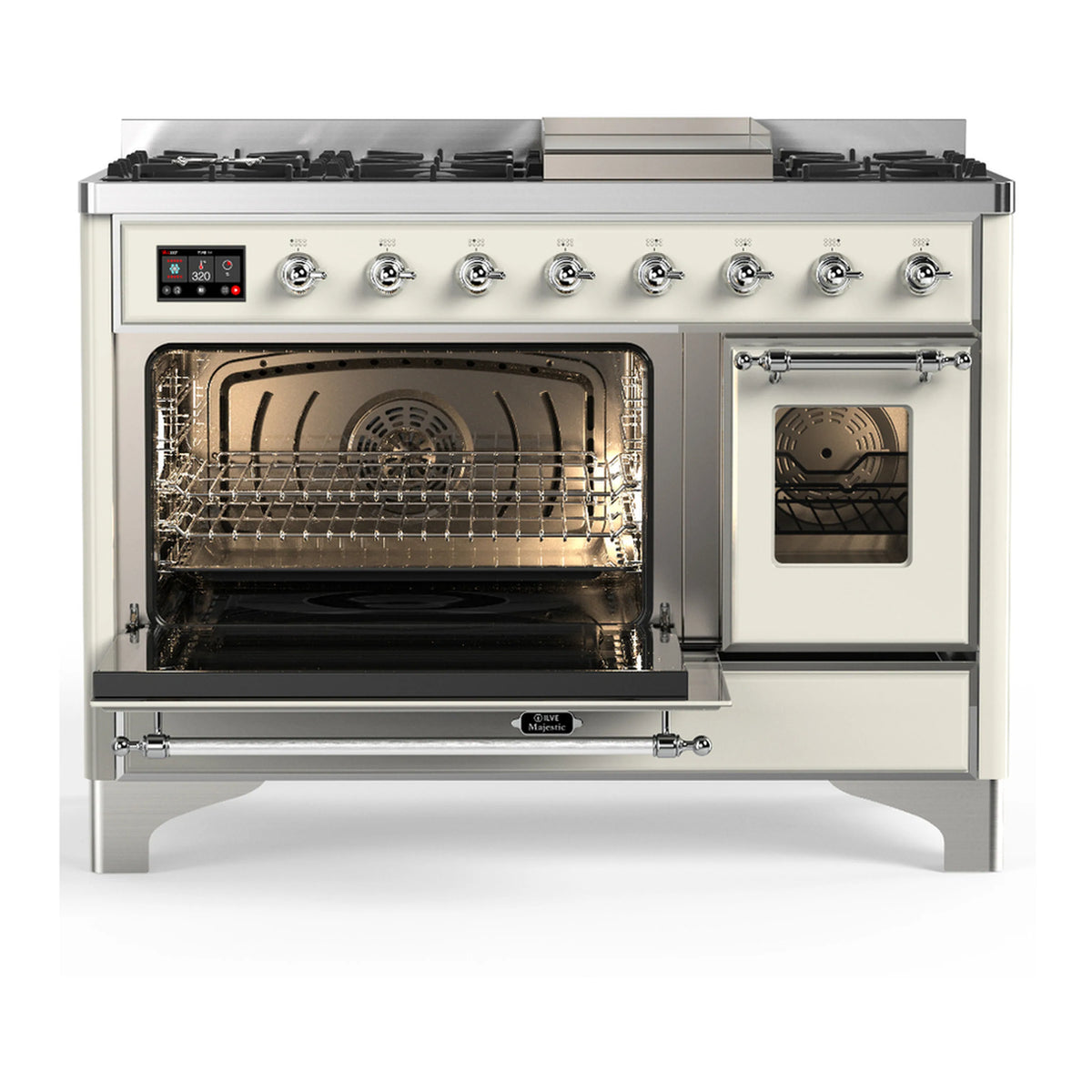 Antique white range with open oven doors, triple glass, chrome trim