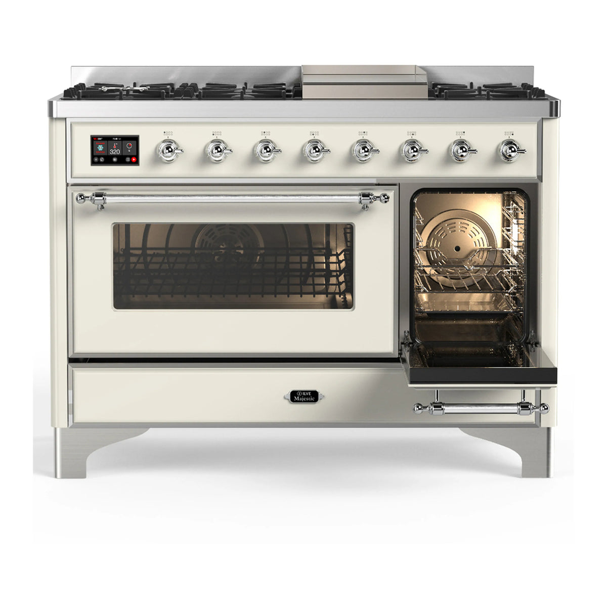 Antique white range with one oven door open, triple glass, chrome control panel