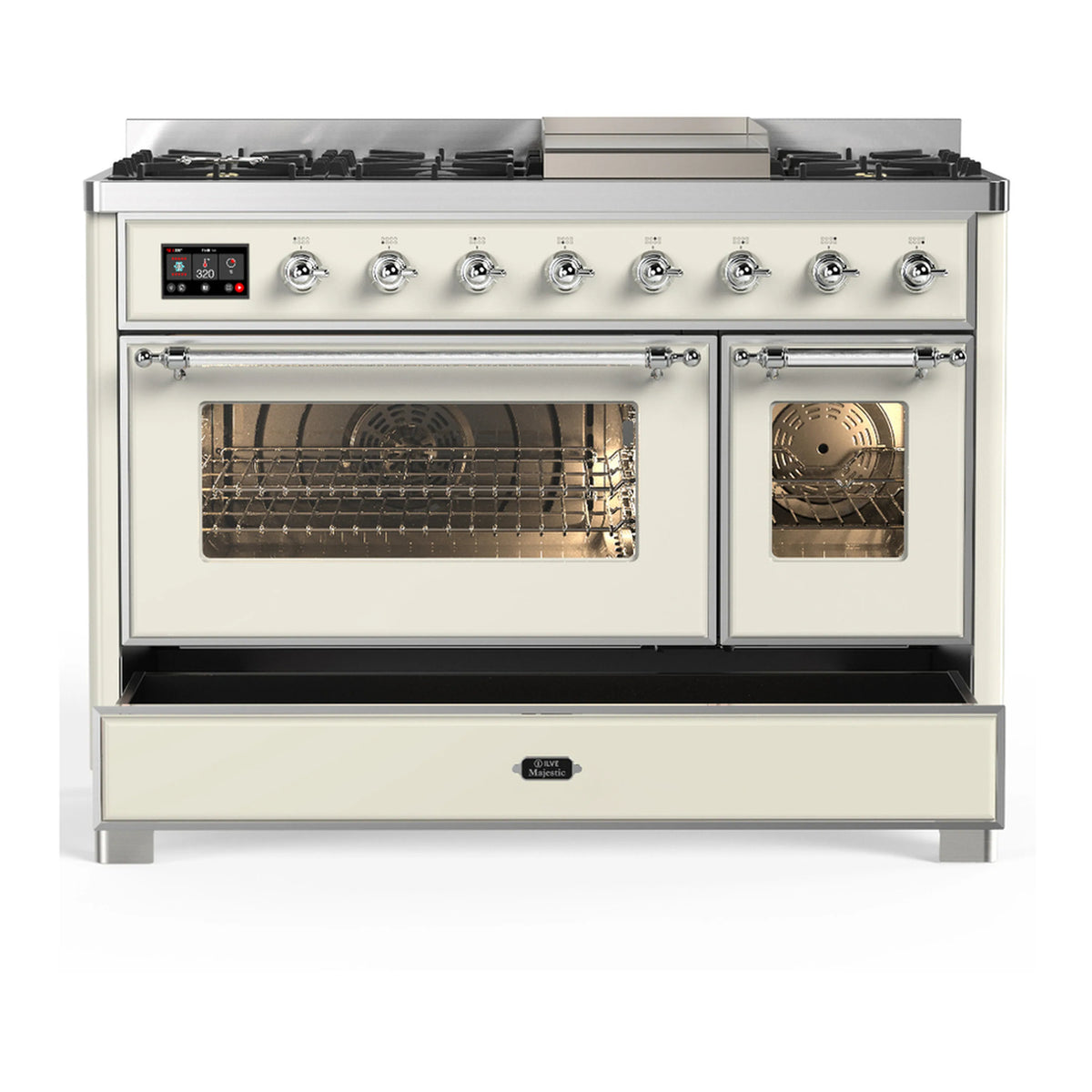 Antique white range with left oven door open and right windowed door, chrome trim