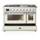 ILVE Majestic III 48-inch Dual Fuel Range with 5 Natural Gas Burner, Griddle and Triple Glass Door Electric Oven in Antique White with Chrome Trim (UM48FNR3AWC)