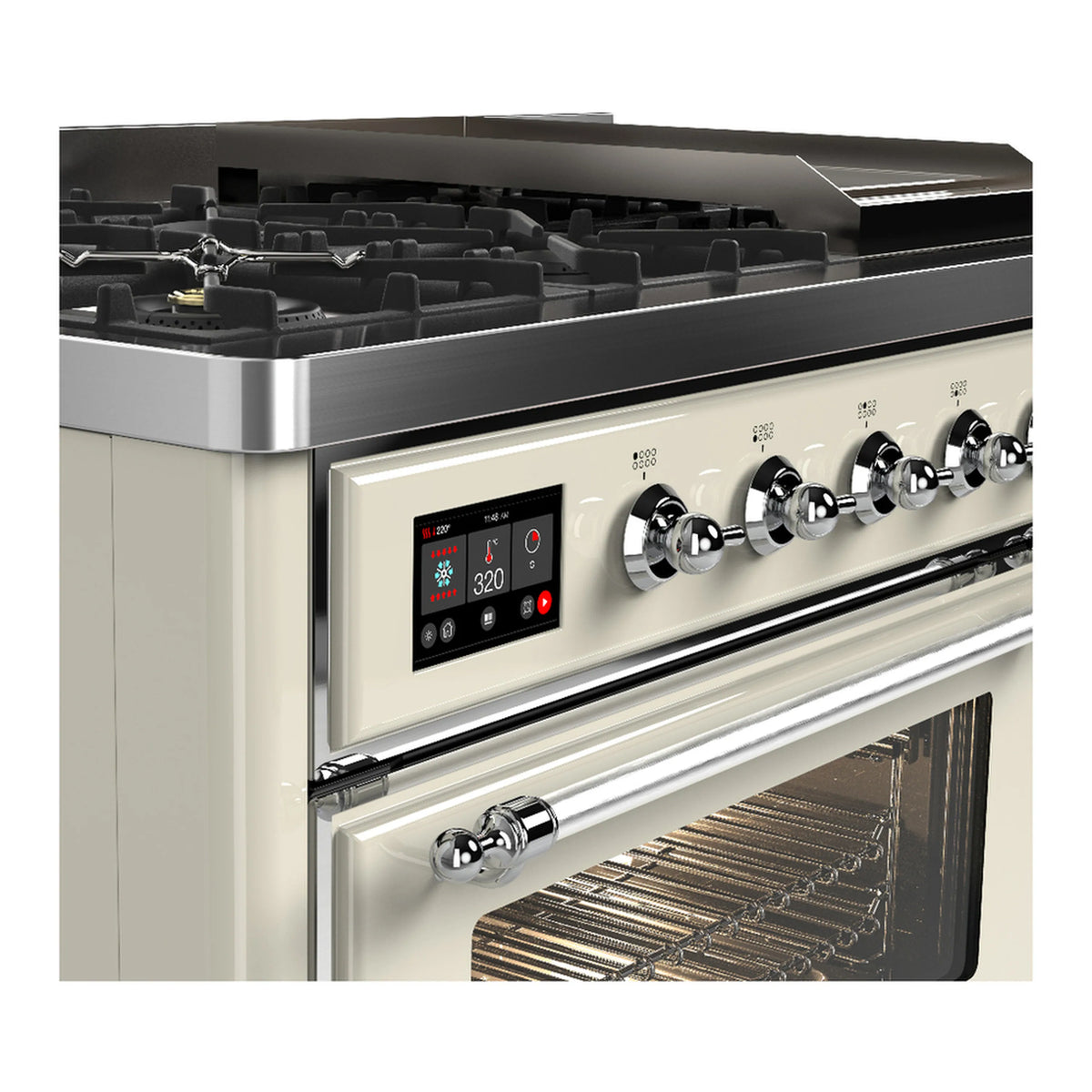 Chrome knobs and control panel on antique white range beside open oven