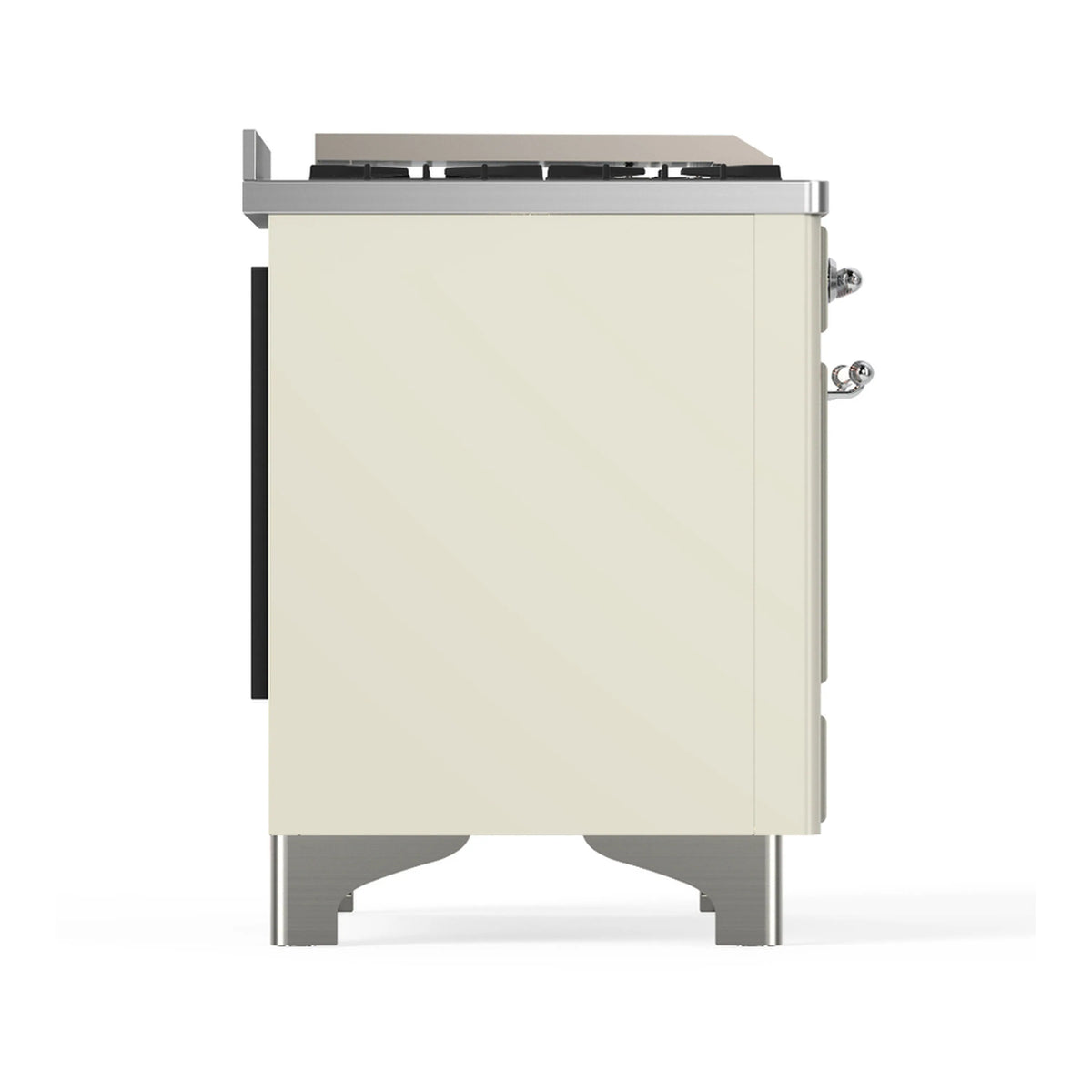 Antique white range side panel with chrome trim, knobs, and leveling feet