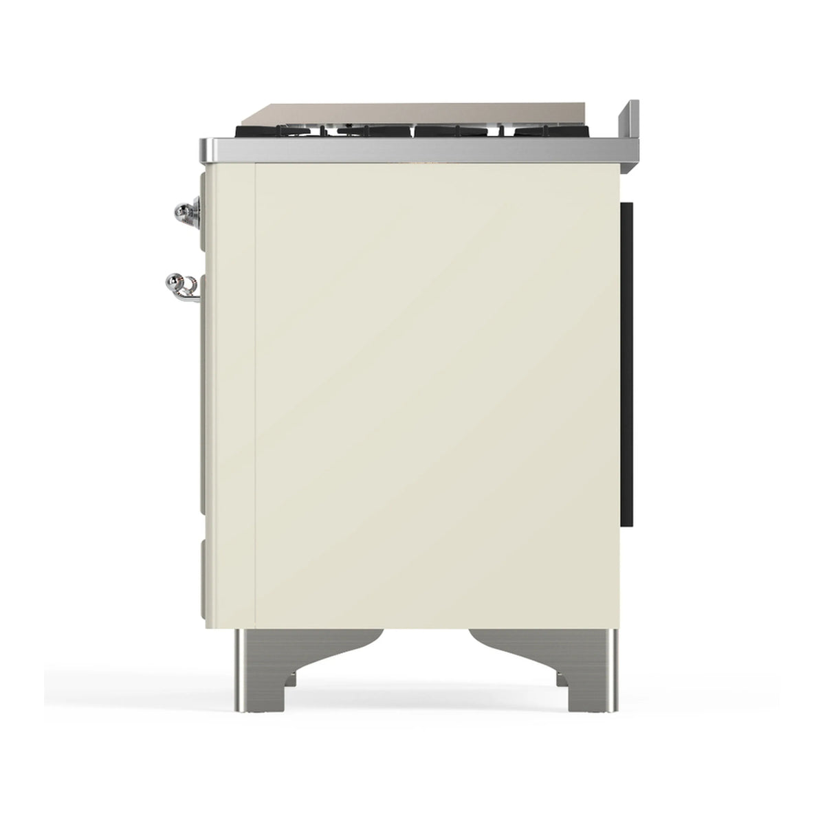 Antique white range side view with chrome trim and back control area