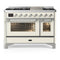 ILVE Majestic III 48-inch Dual Fuel Range with 5 Liquid Propane Burner, Griddle and Triple Glass Door Electric Oven in Antique White with Chrome Trim (UM48FNR3AWCLP)