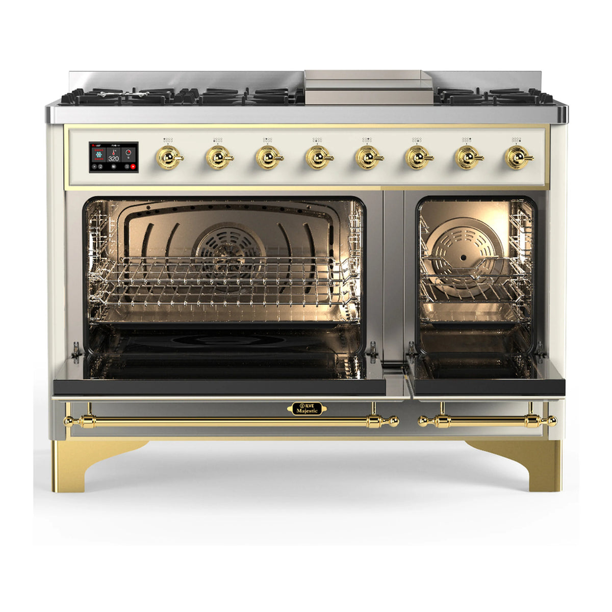 Antique white dual fuel range with both oven compartments open, racks inside, brass trim