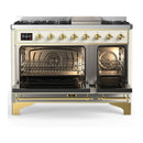 ILVE Majestic III 48-inch Dual Fuel Range with 5 Natural Gas Burner, Griddle and Triple Glass Door Electric Oven in Antique White with Brass Trim (UM48FNR3AWG)