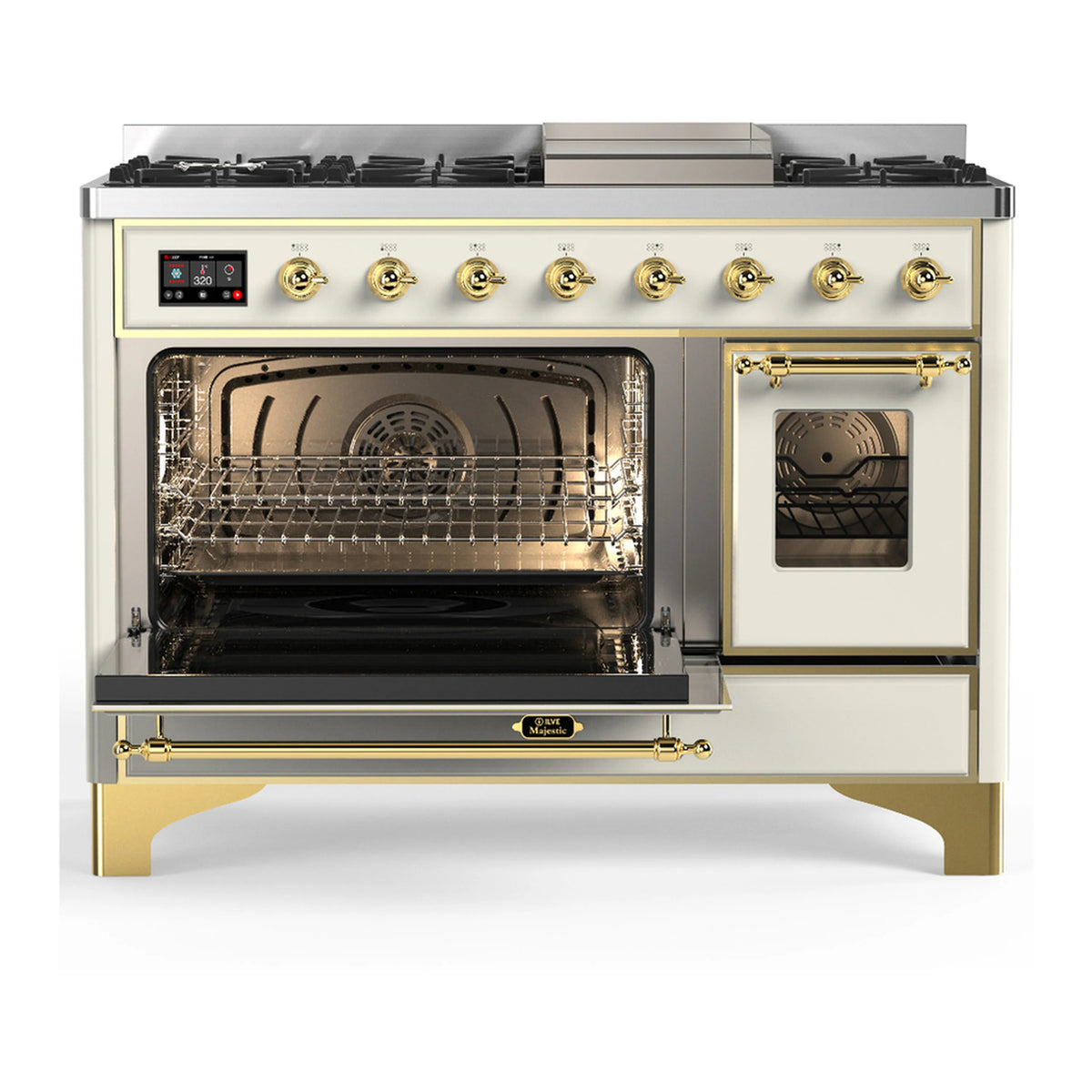 Antique white dual fuel range with open electric oven door, racks inside, brass trim