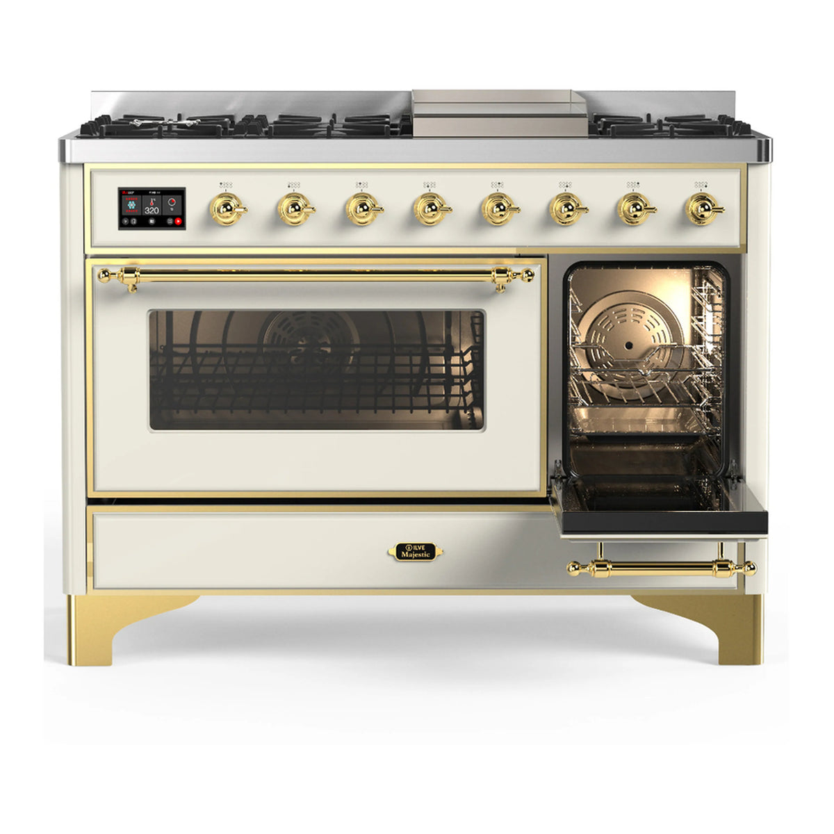 Antique white dual fuel range with oven doors featuring glass windows and brass control accents