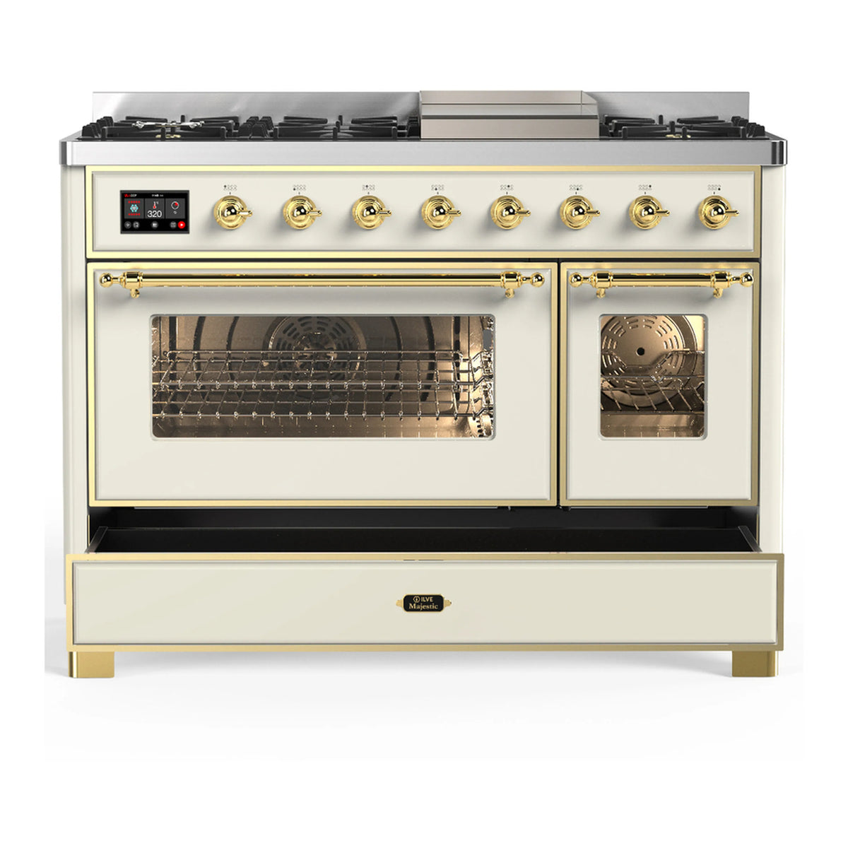 Antique white dual fuel range with glass oven doors, interior racks, and brass trim details