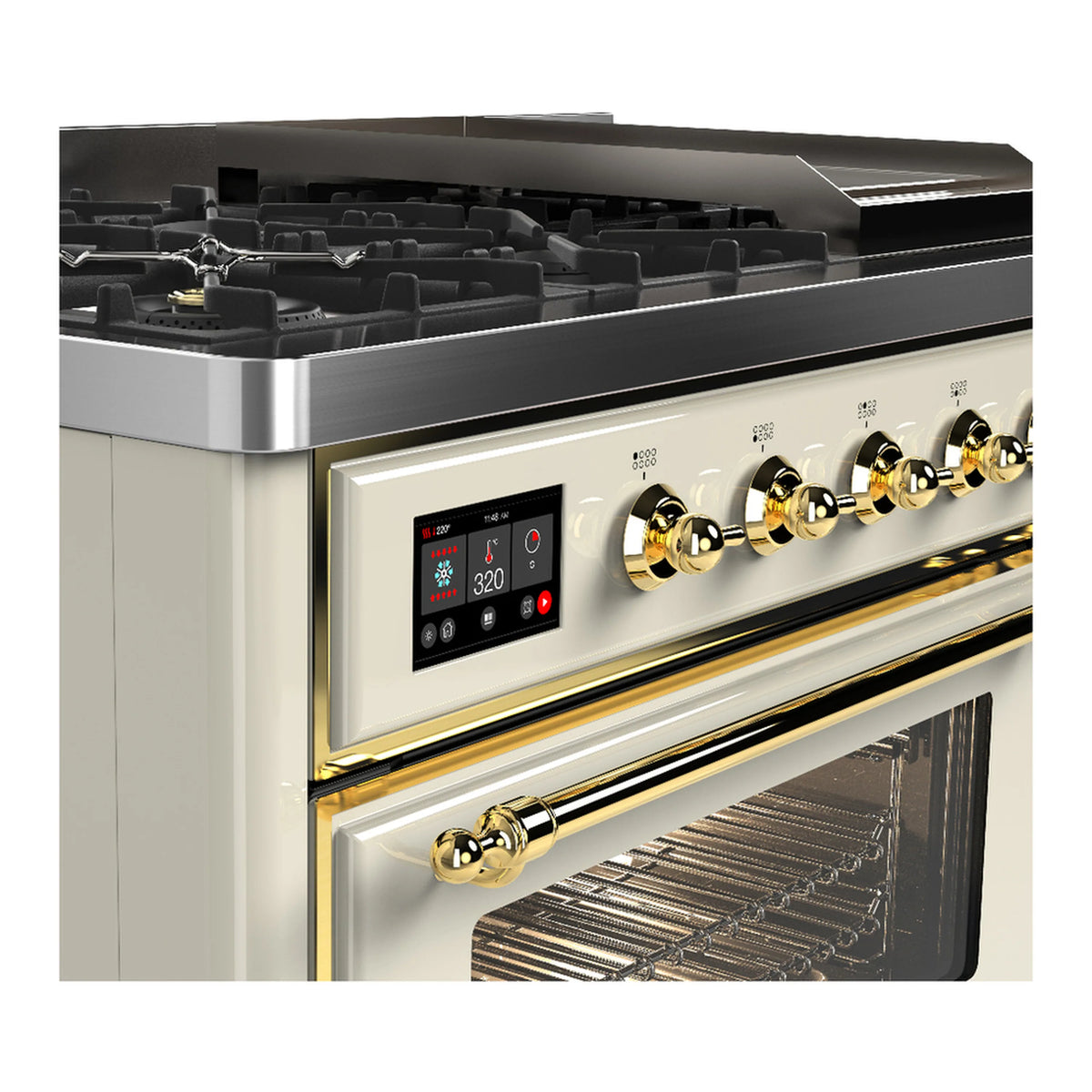 Antique white dual fuel range control panel with brass knobs and display over open broiler