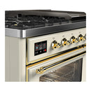ILVE Majestic III 48-inch Dual Fuel Range with 5 Natural Gas Burner, Griddle and Triple Glass Door Electric Oven in Antique White with Brass Trim (UM48FNR3AWG)