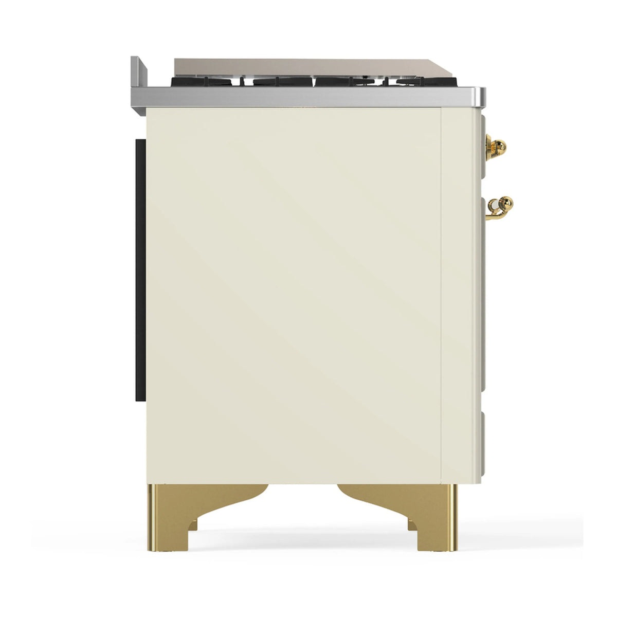 Antique white dual fuel range side panel with black rear cover and brass control hardware