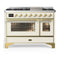 ILVE Majestic III 48-inch Dual Fuel Range with 5 Liquid Propane Burner, Griddle and Triple Glass Door Electric Oven in Antique White with Brass Trim (UM48FNR3AWGLP)