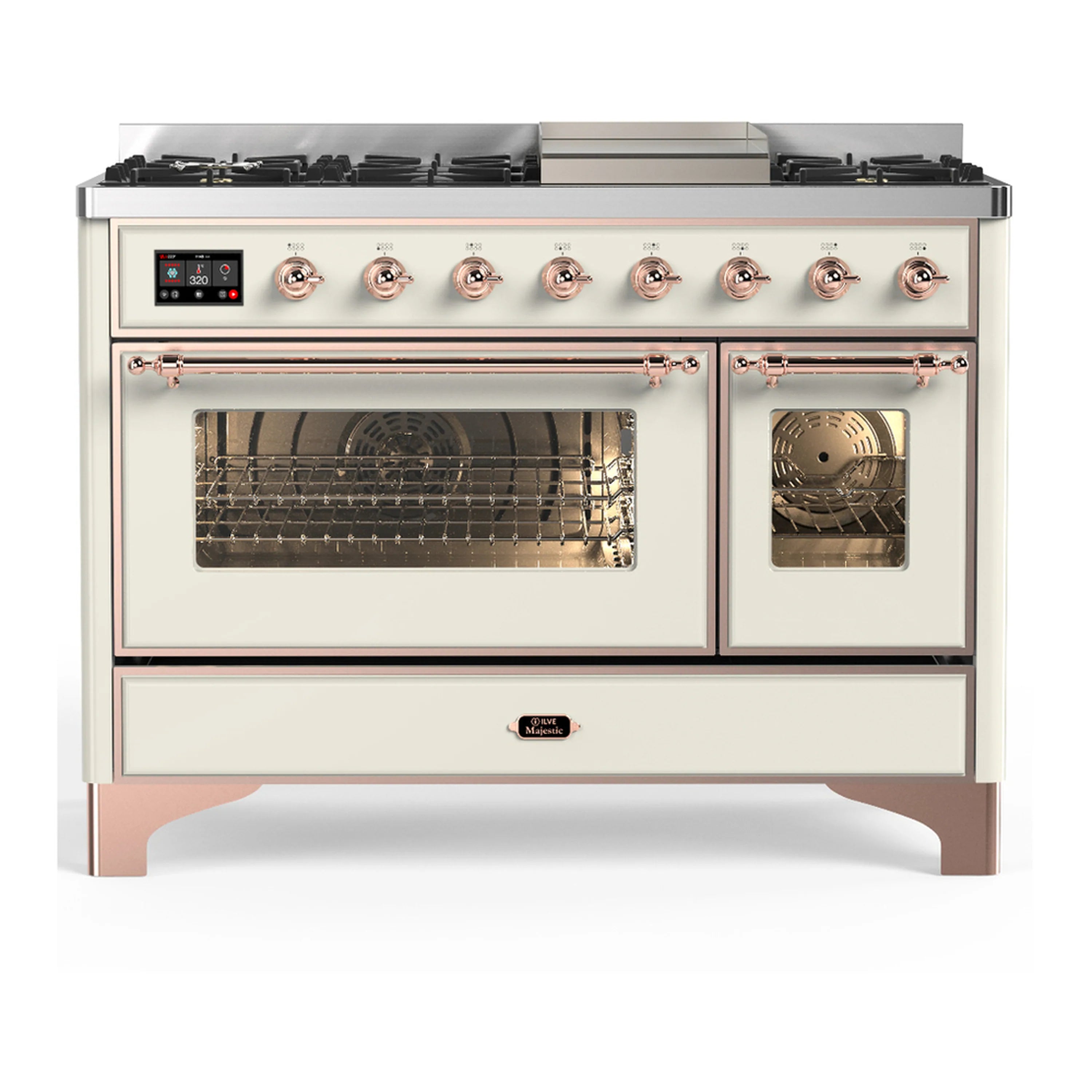Antique white dual fuel range with copper trim, two ovens, and 5 gas burners