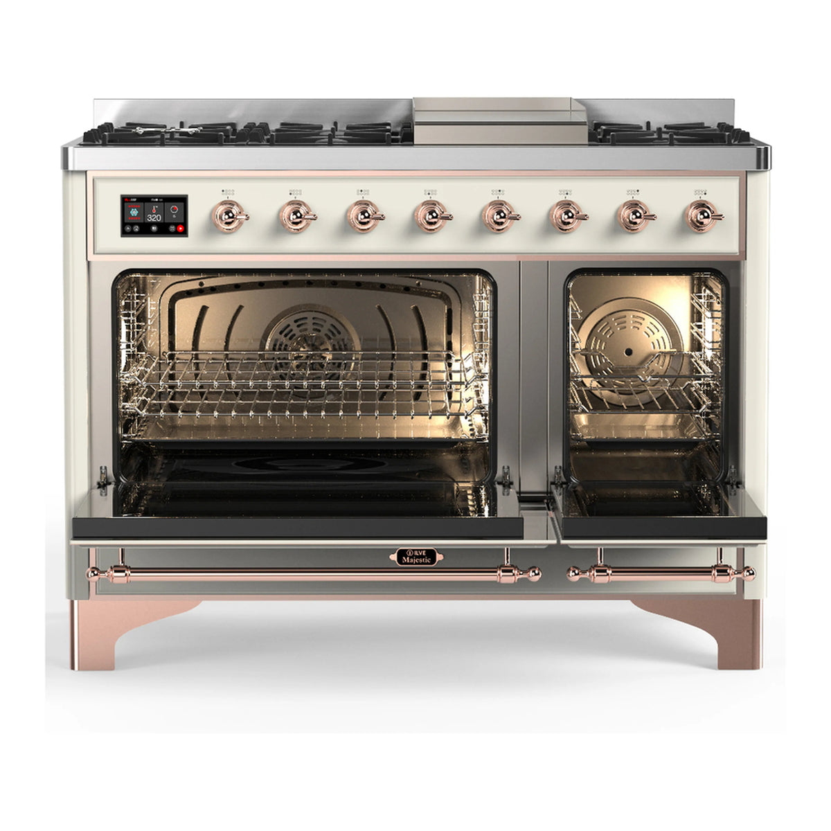 Antique white dual fuel range with copper trim, dual open oven doors and racks