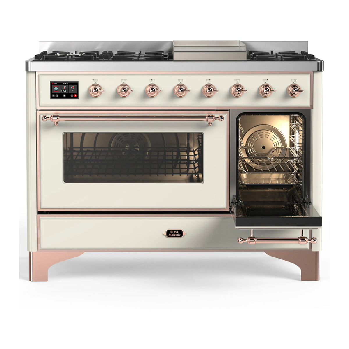 Antique white dual fuel range with copper trim, oven window door and open second oven