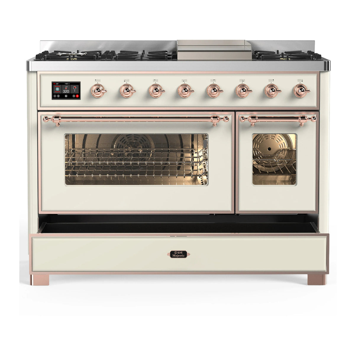 Antique white dual fuel range with copper trim, glass oven doors, knobs, and burner grates