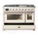 ILVE Majestic III 48-inch Dual Fuel Range with 5 Liquid Propane Burner, Griddle and Triple Glass Door Electric Oven in Antique White with Copper Trim (UM48FNR3AWPLP)