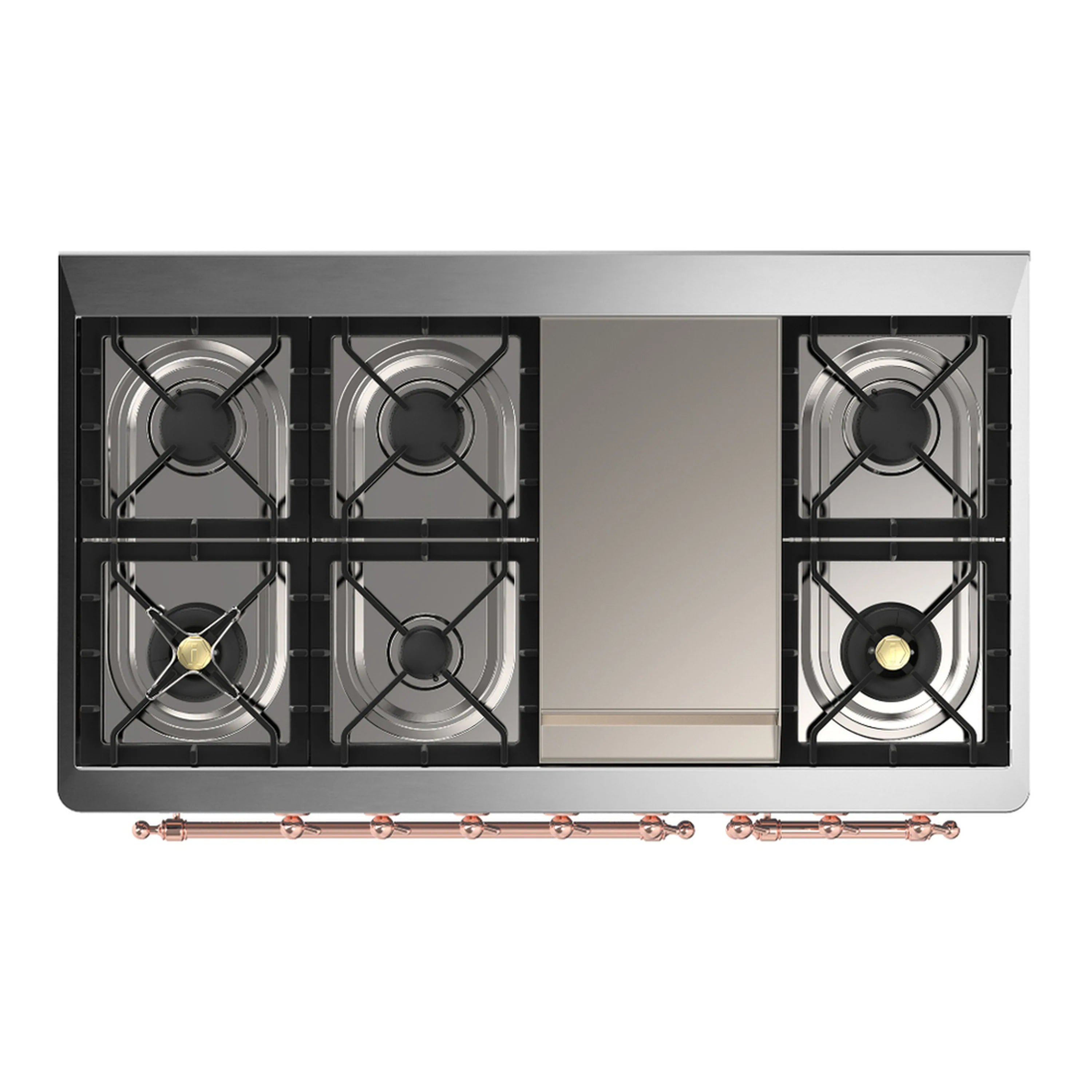 Cooktop burner grates and oven openings on antique white dual fuel range with copper trim