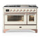 ILVE Majestic III 48-inch Dual Fuel Range with 5 Liquid Propane Burner, Griddle and Triple Glass Door Electric Oven in Antique White with Copper Trim (UM48FNR3AWPLP)