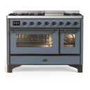 ILVE Majestic III 48-inch Dual Fuel Range with 5 Natural Gas Burner, Griddle and Triple Glass Door Electric Oven in Blue Grey with Burnished Trim (UM48FNR3BGB)