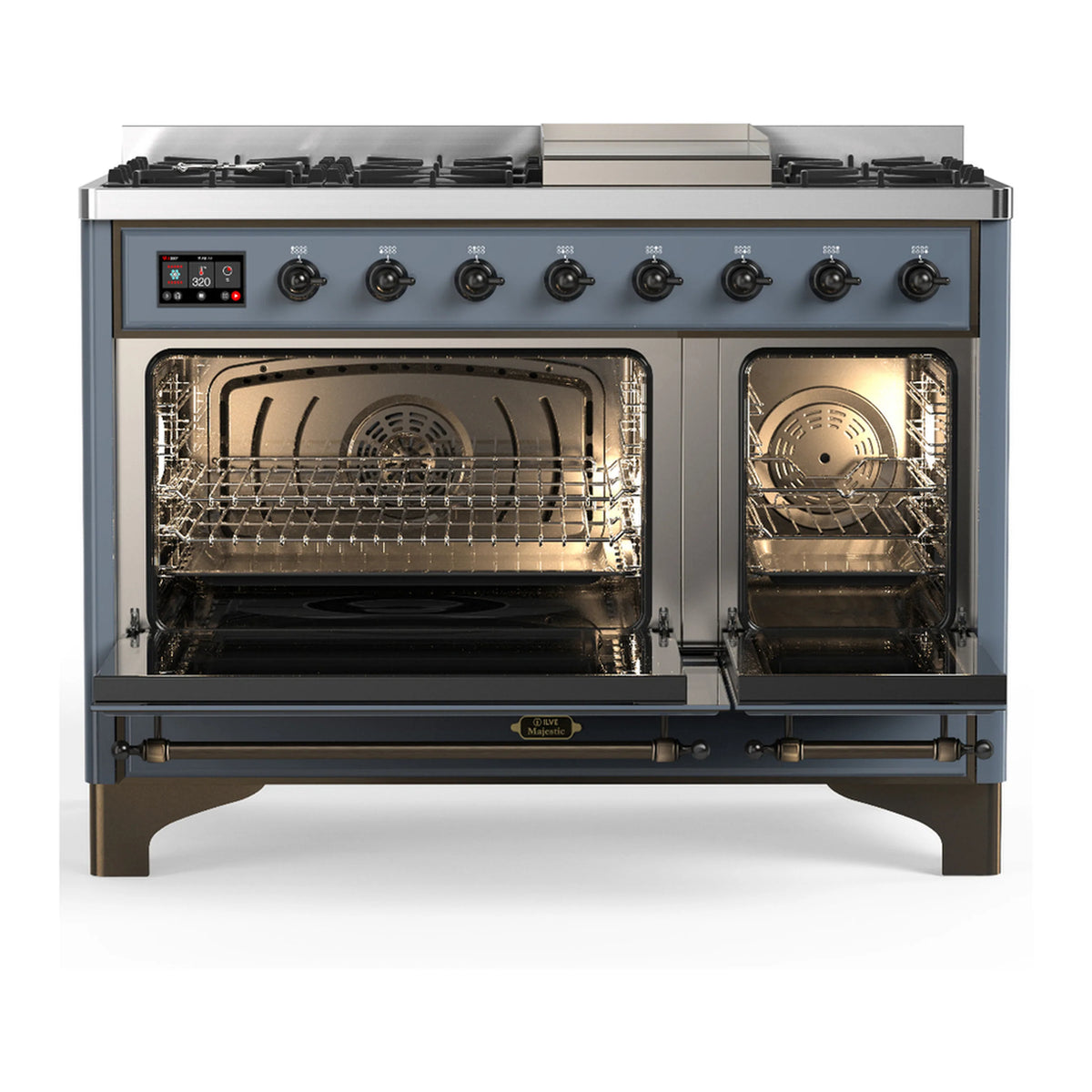 Blue grey dual fuel range with oven doors open, wire racks visible, burner knobs on front