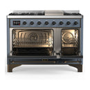ILVE Majestic III 48-inch Dual Fuel Range with 5 Natural Gas Burner, Griddle and Triple Glass Door Electric Oven in Blue Grey with Burnished Trim (UM48FNR3BGB)