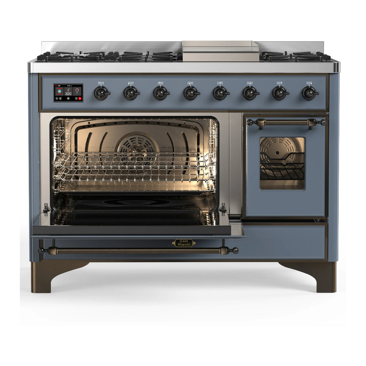 Blue grey dual fuel range with open oven door window, interior racks, and burner knobs