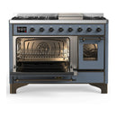 ILVE Majestic III 48-inch Dual Fuel Range with 5 Natural Gas Burner, Griddle and Triple Glass Door Electric Oven in Blue Grey with Burnished Trim (UM48FNR3BGB)