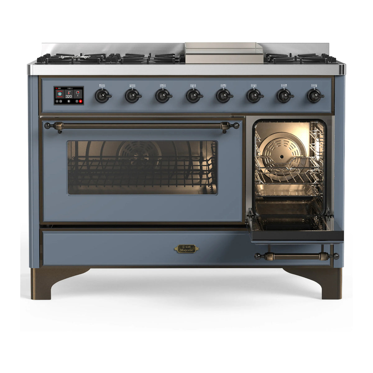 Blue grey dual fuel range with large oven door window and open right glass oven door