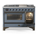 ILVE Majestic III 48-inch Dual Fuel Range with 5 Natural Gas Burner, Griddle and Triple Glass Door Electric Oven in Blue Grey with Burnished Trim (UM48FNR3BGB)