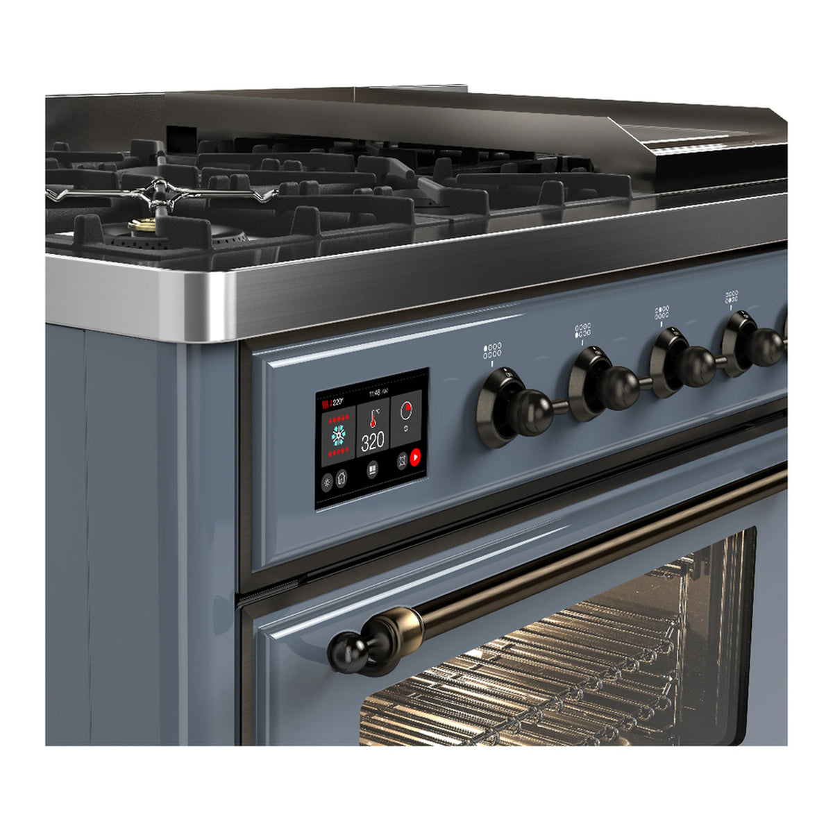 Blue grey dual fuel range control panel with knobs and display beside open oven door