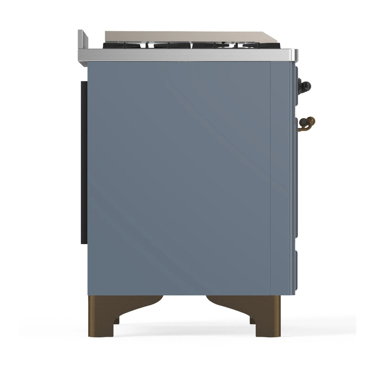 Blue grey dual fuel range side view with control knobs, trim, and pedestal feet