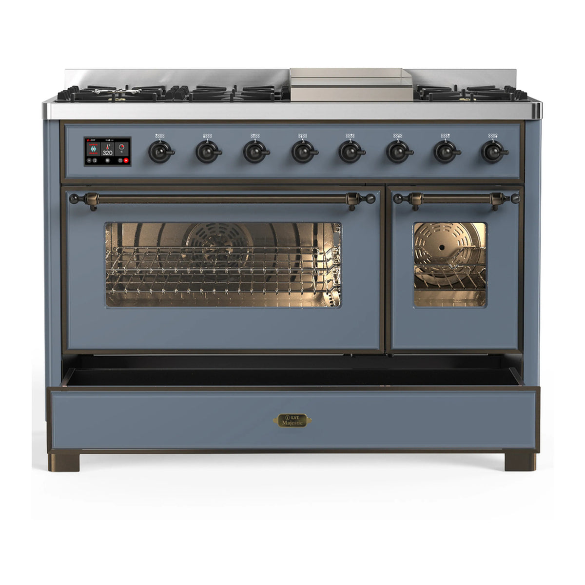Blue grey dual fuel range front view with 5 gas burners and oven door glass windows