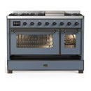 ILVE Majestic III 48-inch Dual Fuel Range with 5 Natural Gas Burner, Griddle and Triple Glass Door Electric Oven in Blue Grey with Burnished Trim (UM48FNR3BGB)