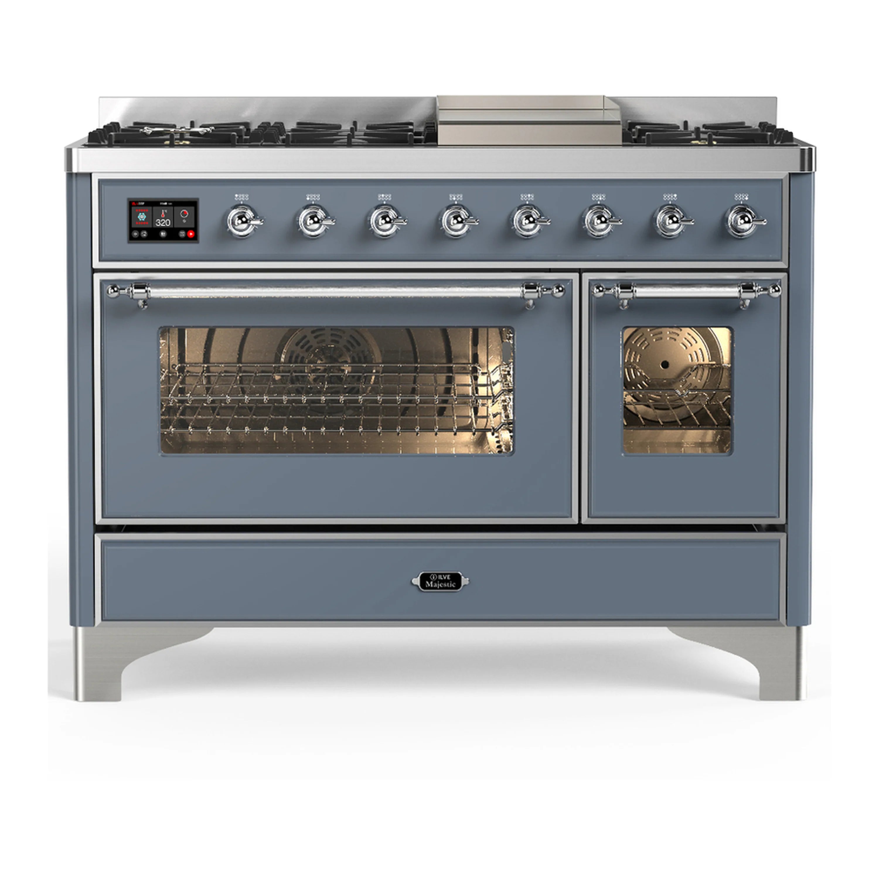 Blue grey dual fuel range with chrome trim, oven doors closed and control panel