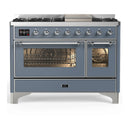 ILVE Majestic III 48-inch Dual Fuel Range with 5 Natural Gas Burner, Griddle and Triple Glass Door Electric Oven in Blue Grey with Chrome Trim (UM48FNR3BGC)