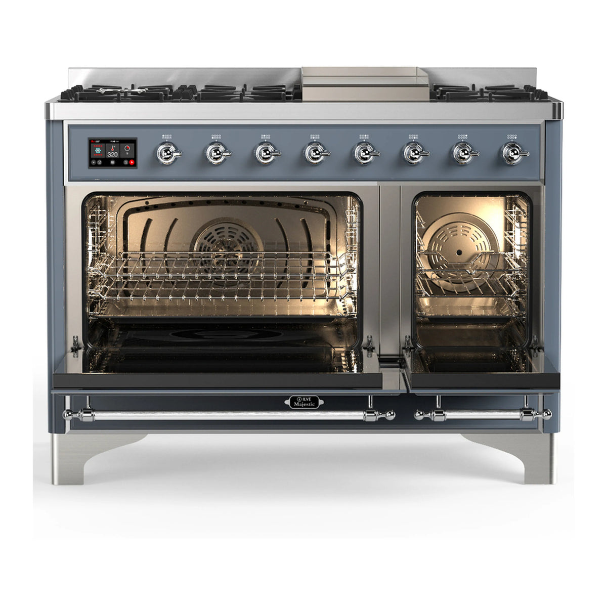 Blue grey dual fuel range with chrome trim, dual ovens open and control knobs