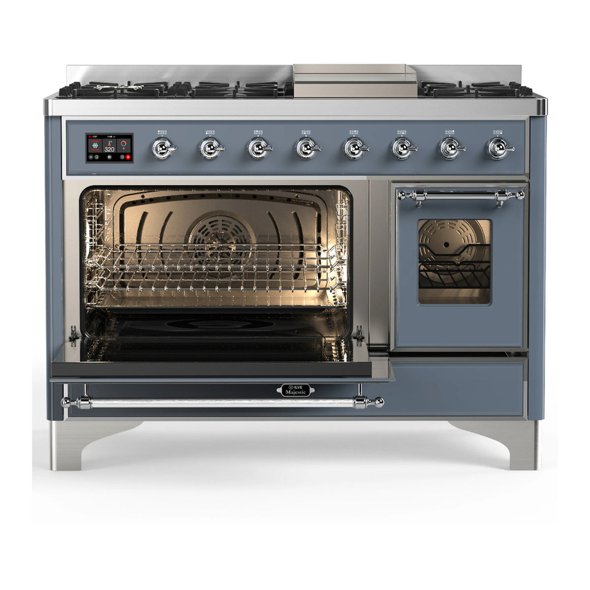 Blue grey dual fuel range with chrome trim, open oven doors and burner controls