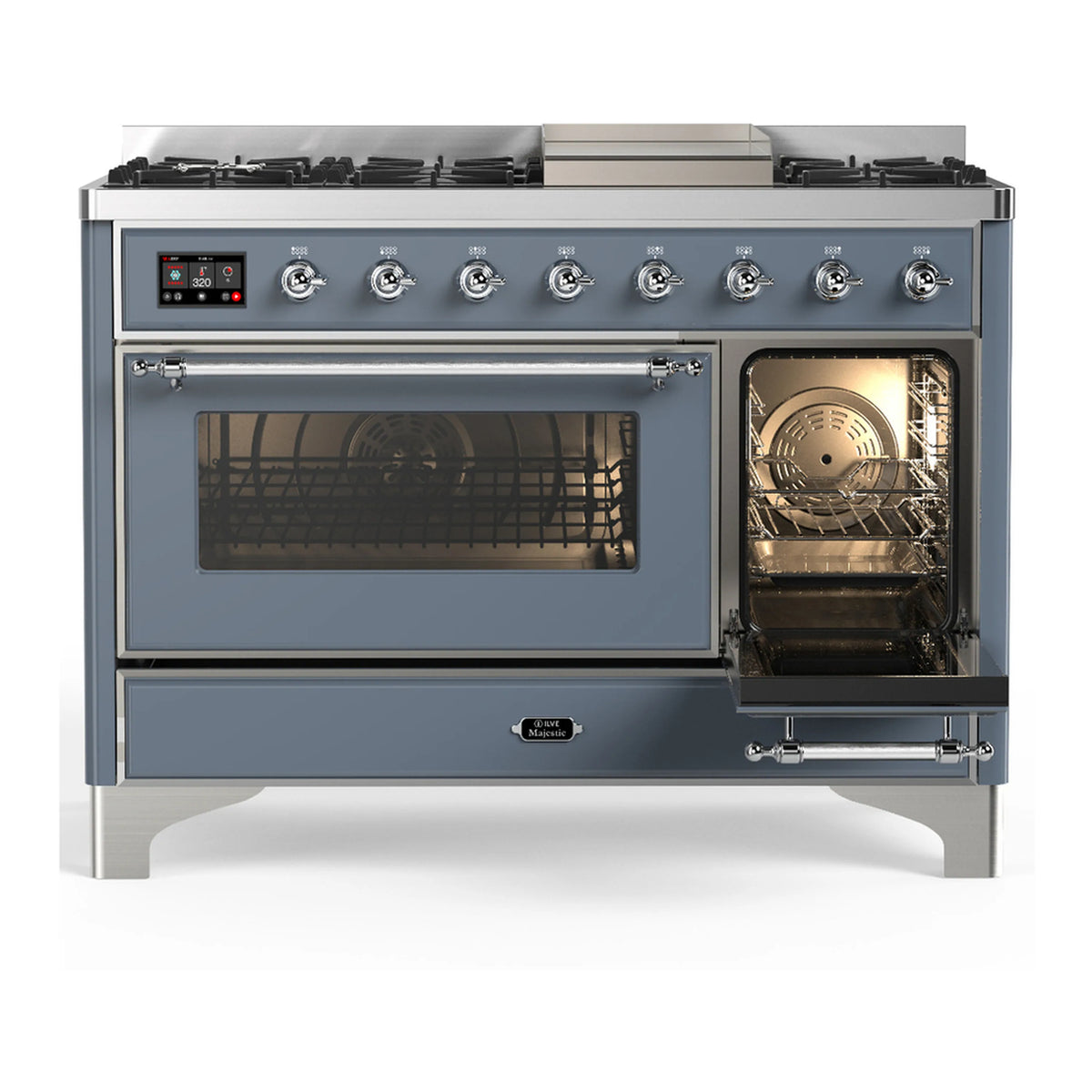 Blue grey dual fuel range with chrome trim, large oven window and open side door